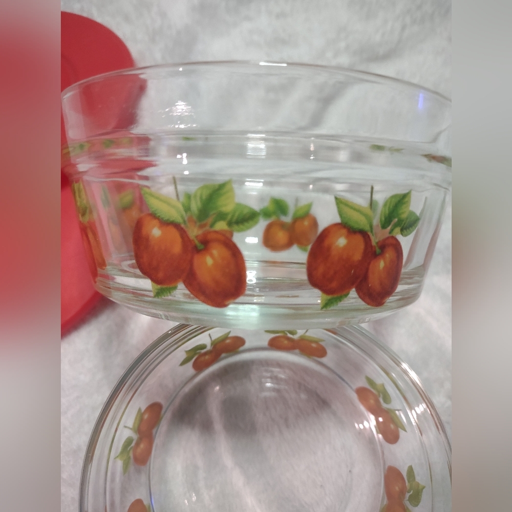 Clear Glass Bowls with Orange Fruit Motif - Set Of Two Bowls With Apples 🍏🍎🍏